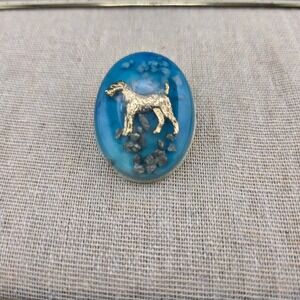 VTG Irish‎ Terrier Dog Resin Brooch Pin Golden Accent Blue Cabochon Oval Jewelry